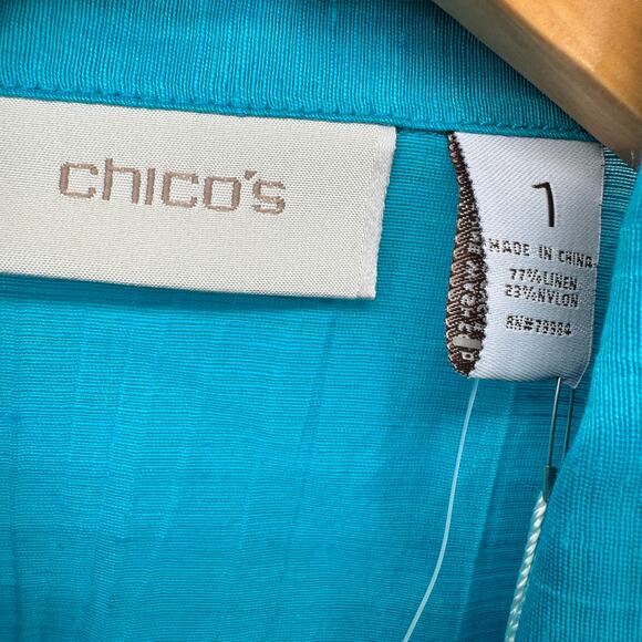 Chico's Blazer Womens Medium Maui Blue Linen Blend Semi Sheer 3/4 Sleeve NEW - Picture 3 of 9
